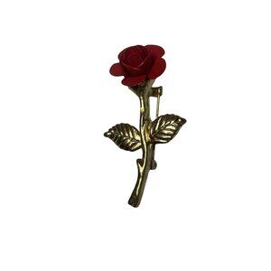 Vintage Metal Gold Tone Enamel Red Rose Brooch Pin Fashion Jewelry
